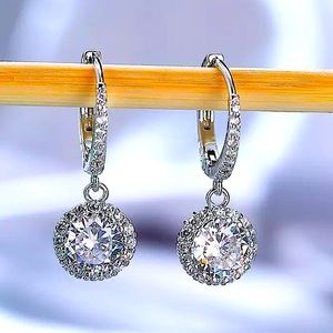 Sterling Silver Square Cut Diamond Halo Drop Dangle Earrings